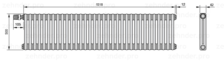 Схема (чертеж) Радиатор Zehnder Charleston 2050/33 №V012 Белый глянцевый RAL 9016